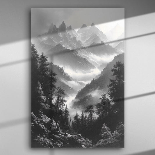 Black and white image of misty mountains with pine trees.