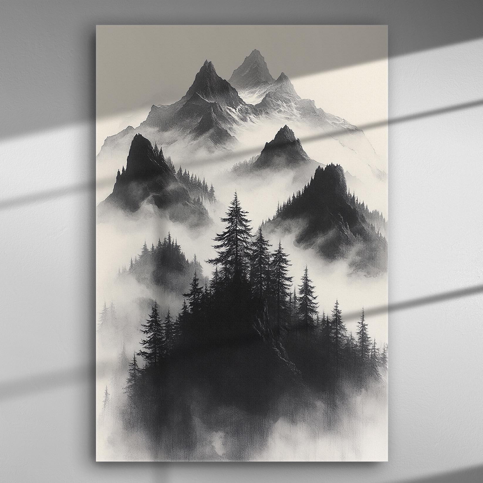 Monochrome mountain landscape with mist and trees on canvas.