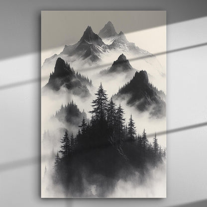 Monochrome mountain landscape with mist and trees on canvas.