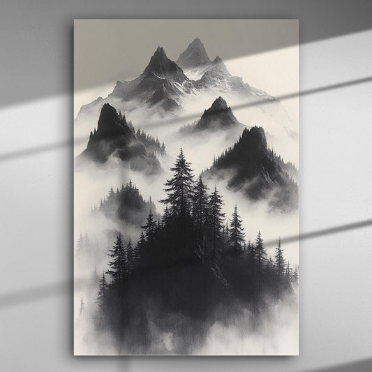 Monochrome mountain landscape with mist and trees on canvas.