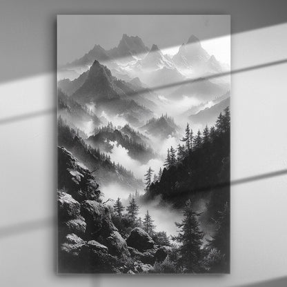 Black and white mountain landscape with mist, trees, and dramatic peaks, captured on a canvas print.