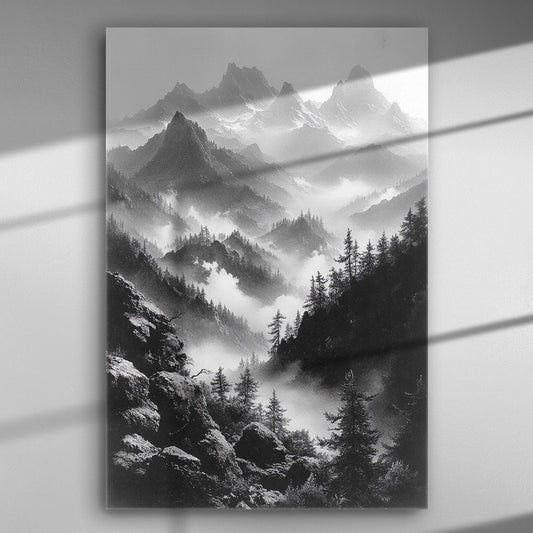 Black and white mountain landscape with mist, trees, and dramatic peaks, captured on a canvas print.