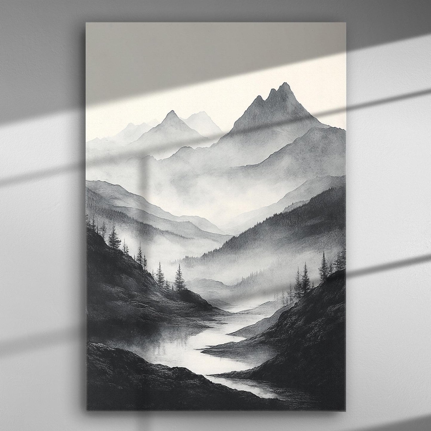 Black and white landscape canvas print depicting a misty mountain scene with a serene river in the foreground.