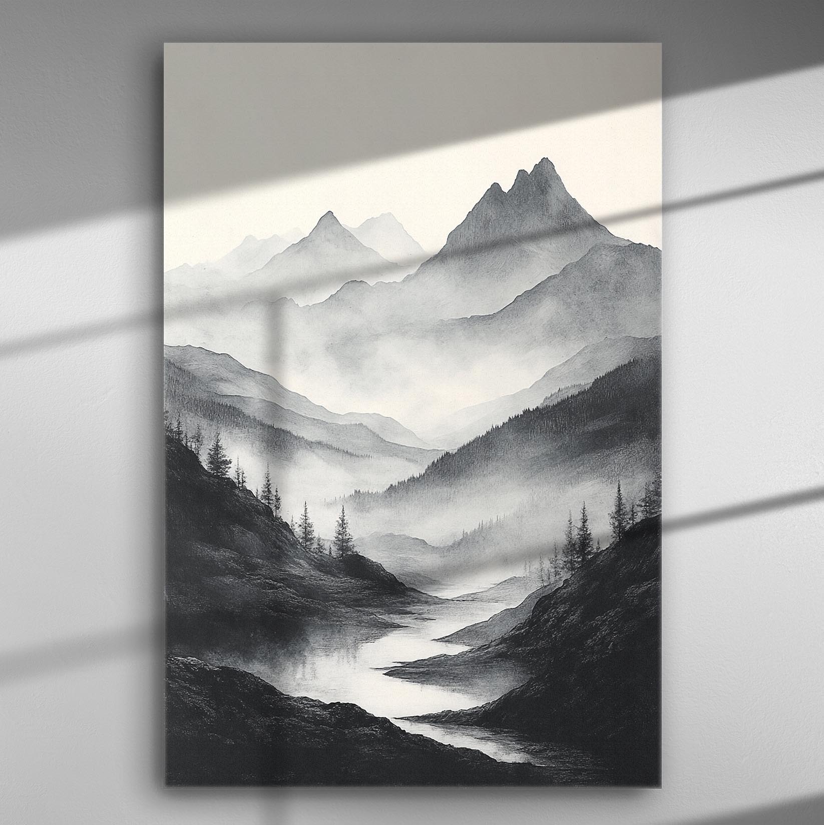 Black and white landscape canvas print depicting a misty mountain scene with a serene river in the foreground.