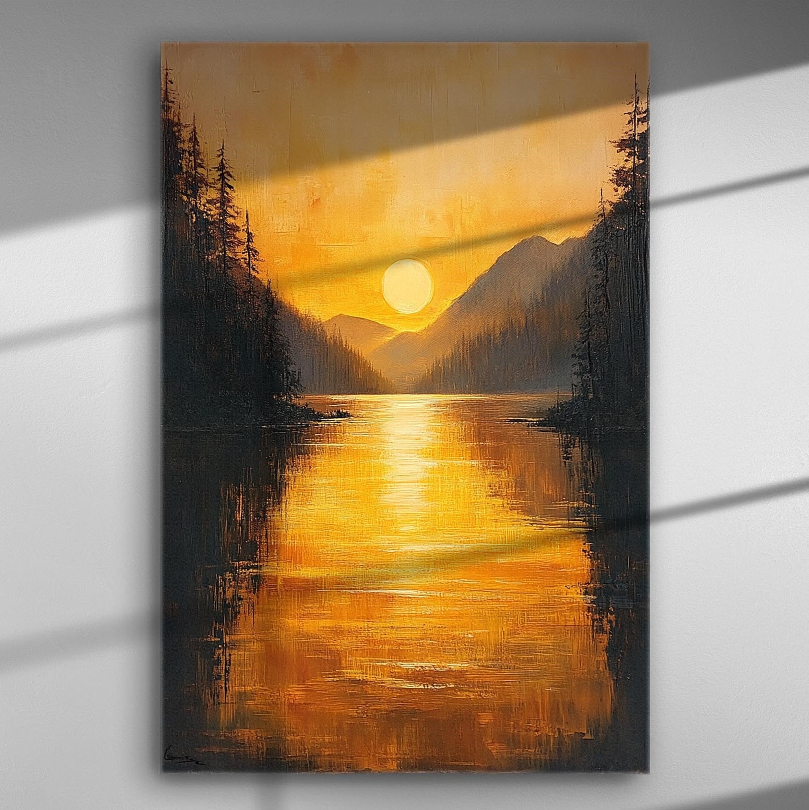 Golden sunset over a lake with warm tones on a canvas print.