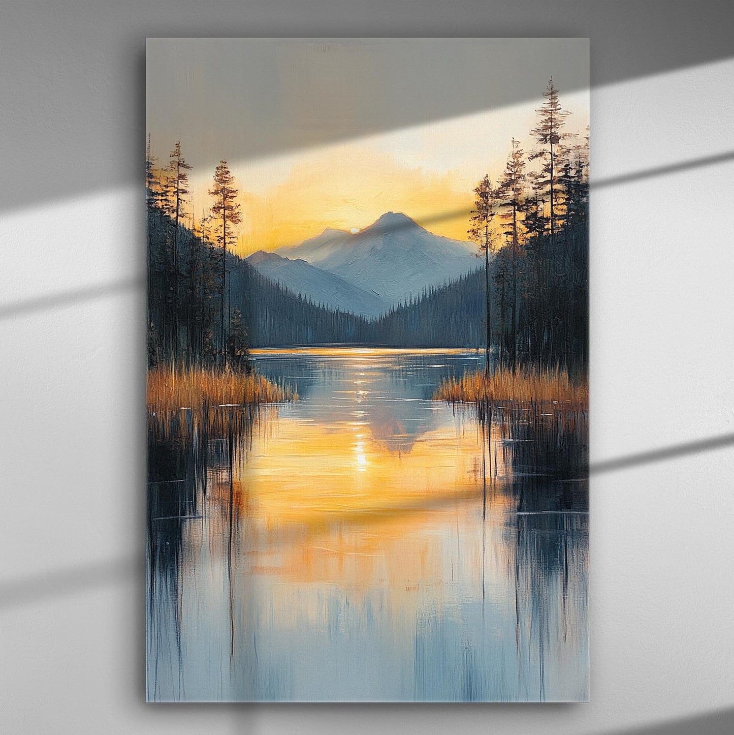 Canvas print of a sunset over a lake with mountains and trees in the background.