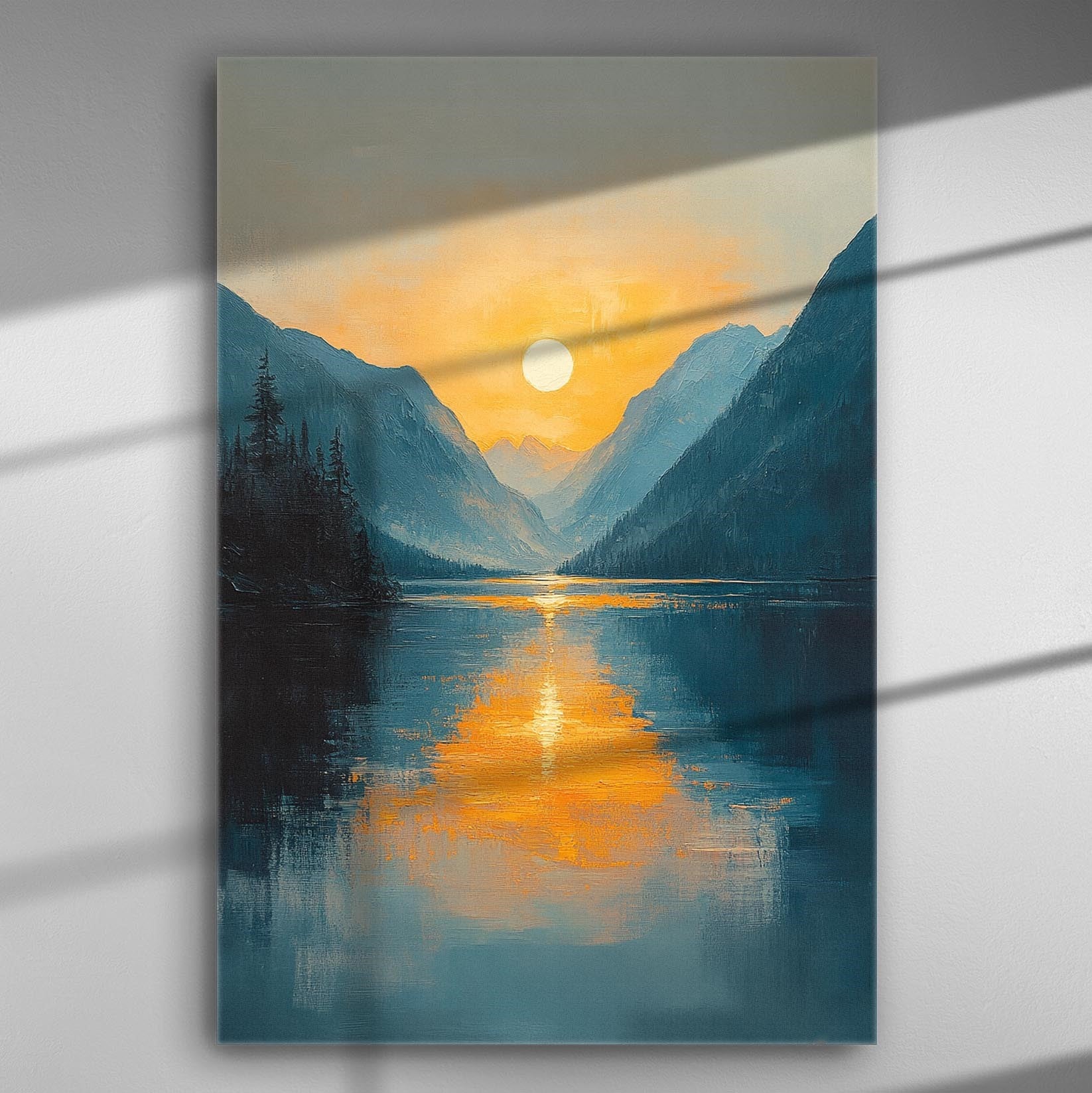 Canvas print of a serene sunset over a lake with mountains in the background.