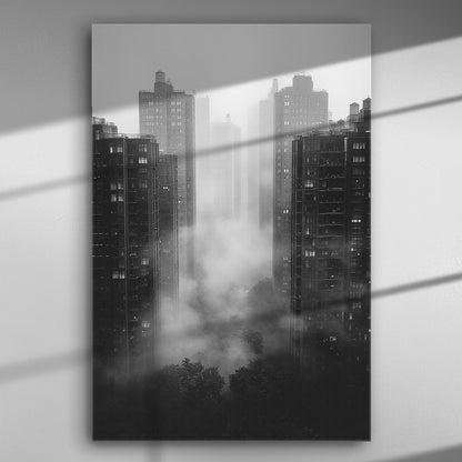 Black and white canvas print featuring tall buildings emerging through mist.