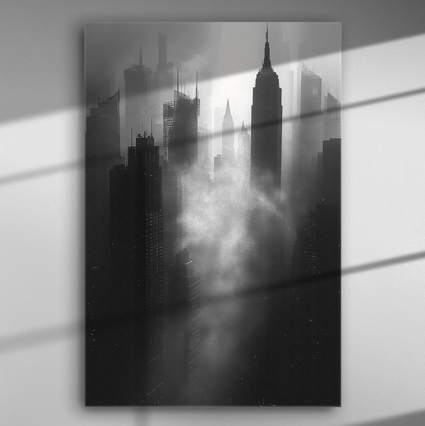 Black and white cityscape with fog over skyscrapers, creating a mysterious urban atmosphere.