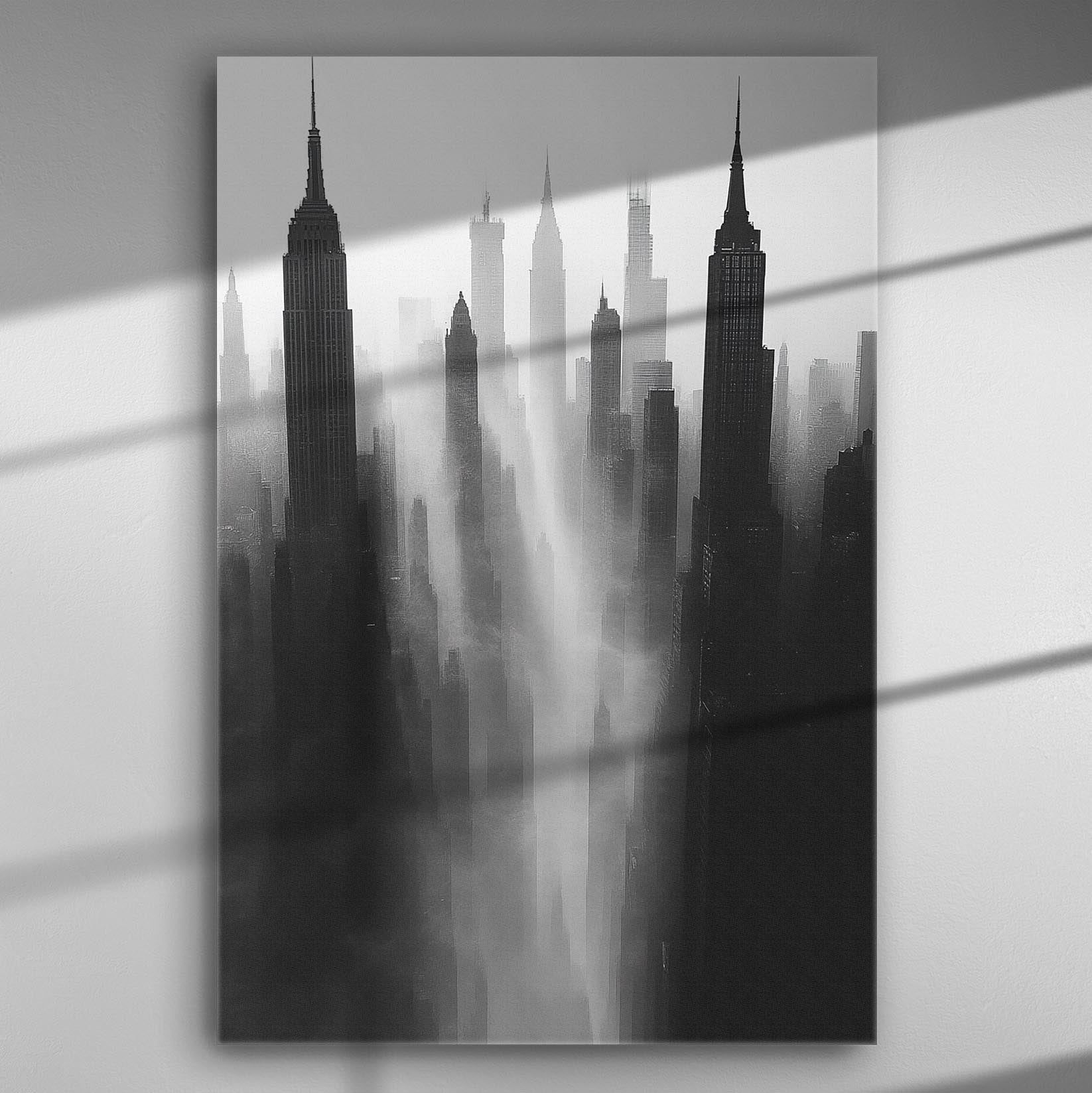 Canvas print featuring skyscrapers emerging from fog in black and white.