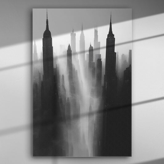 Canvas print featuring skyscrapers emerging from fog in black and white.