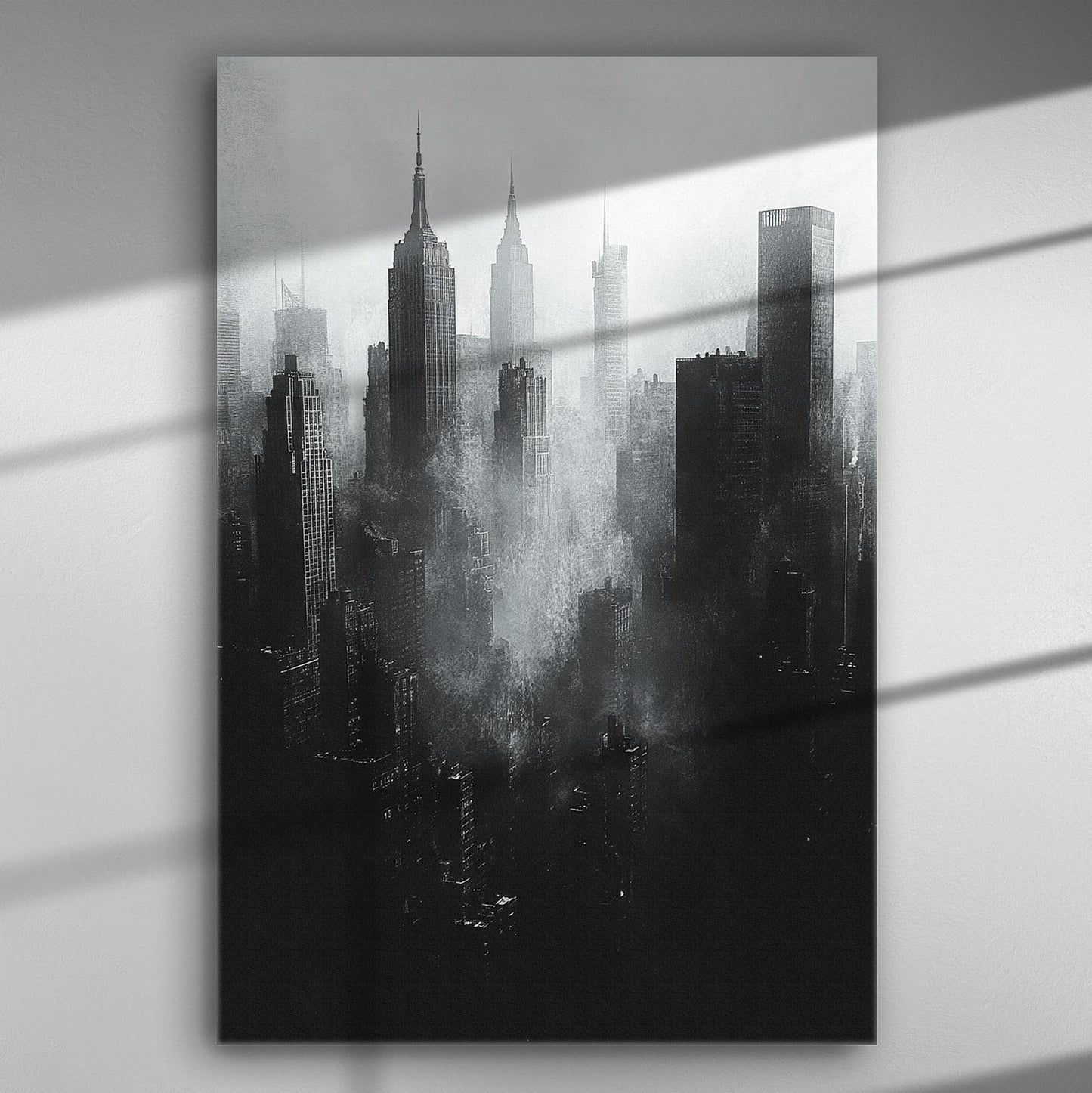 Black and white silhouette of city skyscrapers on a misty canvas print.