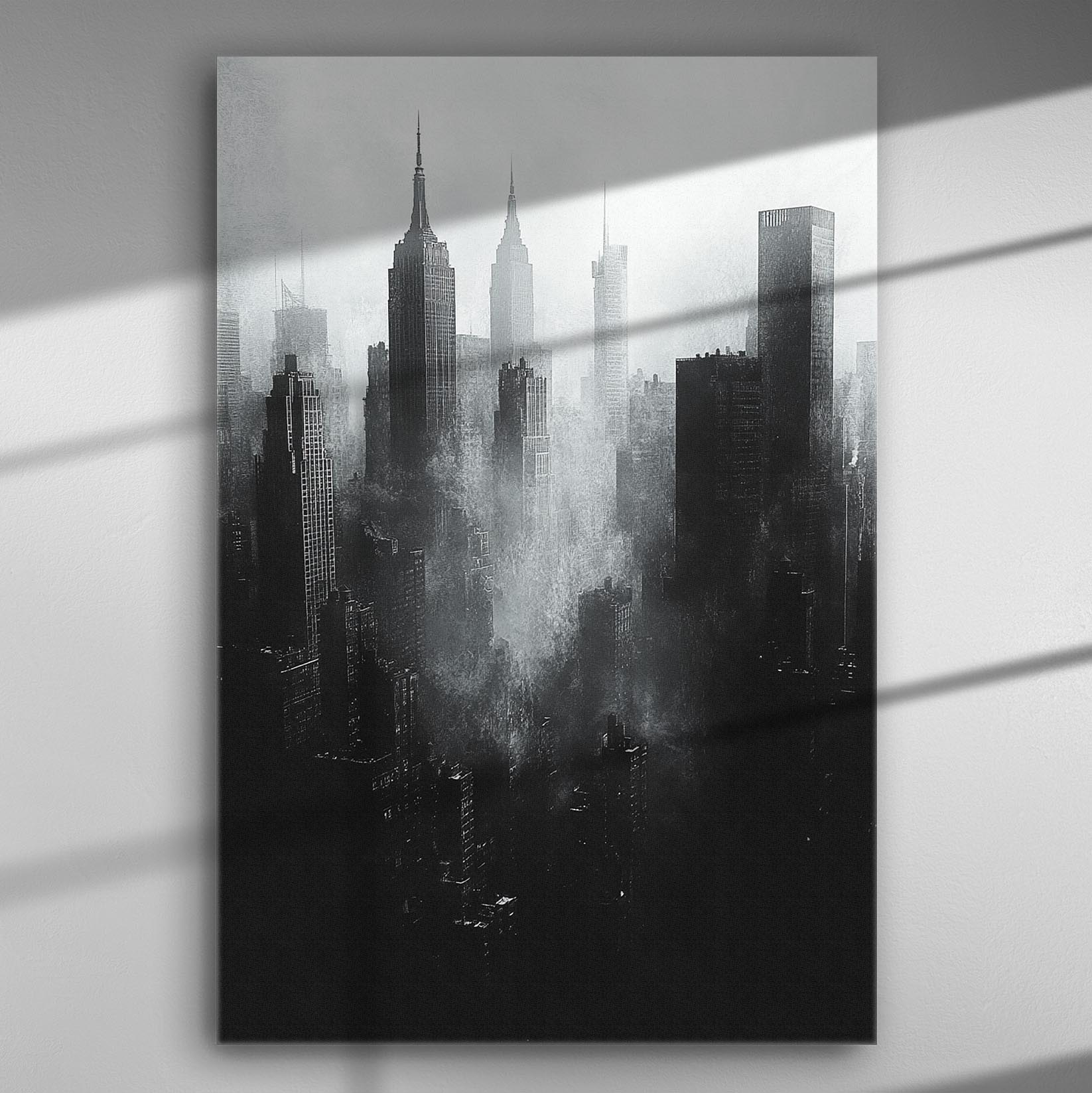 Black and white silhouette of city skyscrapers on a misty canvas print.