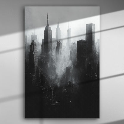 Black and white silhouette of city skyscrapers on a misty canvas print.