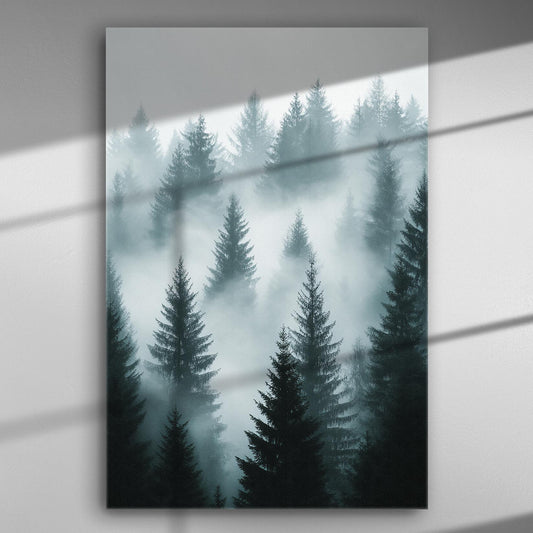 Foggy pine forest creating a mystical and tranquil atmosphere.