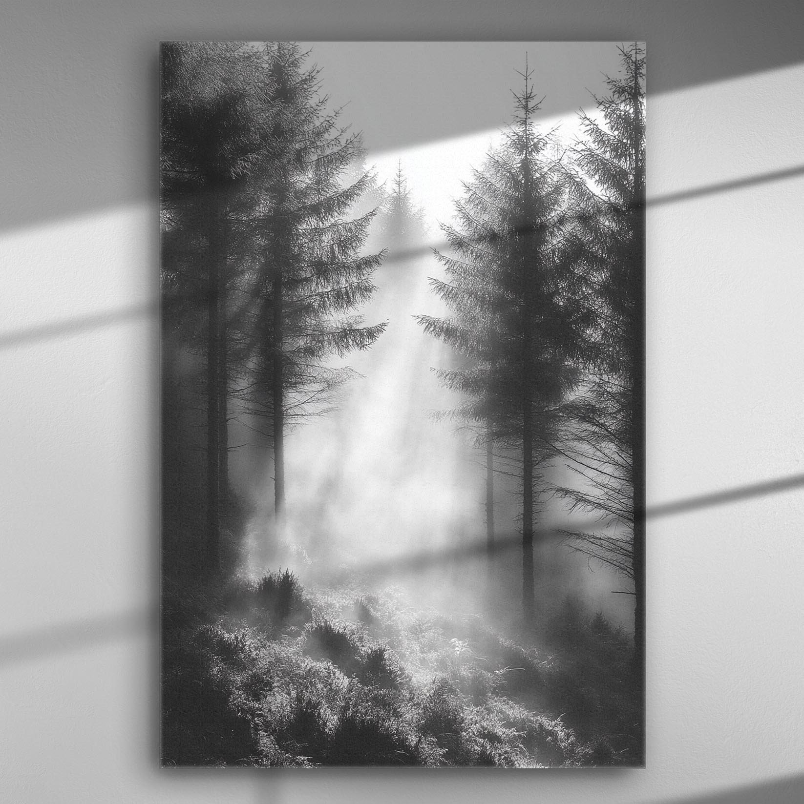 Misty forest with light filtering through trees on a canvas print.