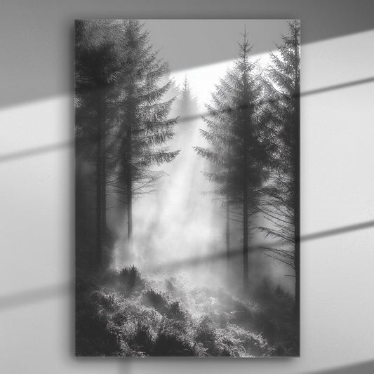 Misty forest with light filtering through trees on a canvas print.