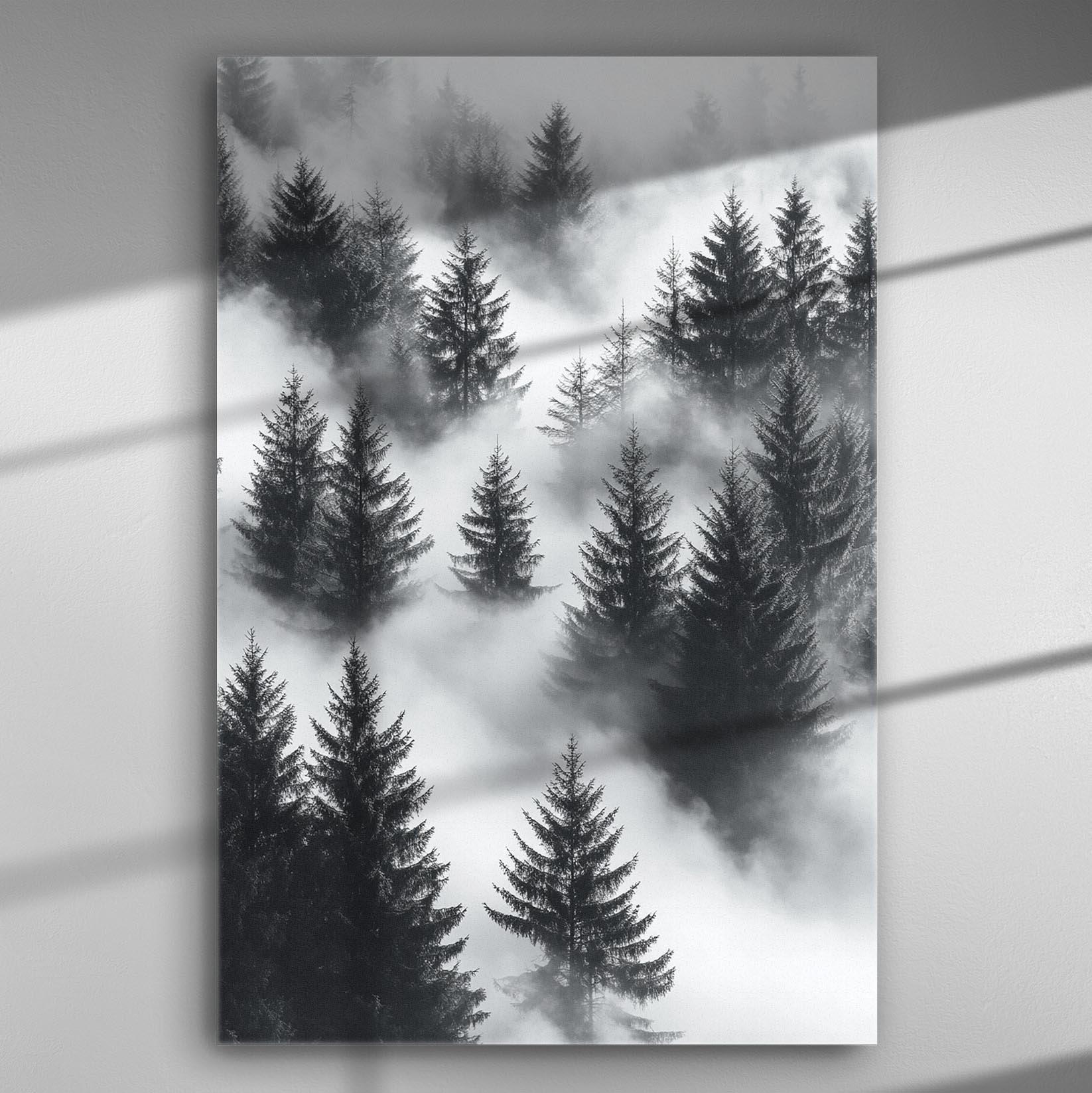 Black and white canvas print of a misty forest with evergreen trees.