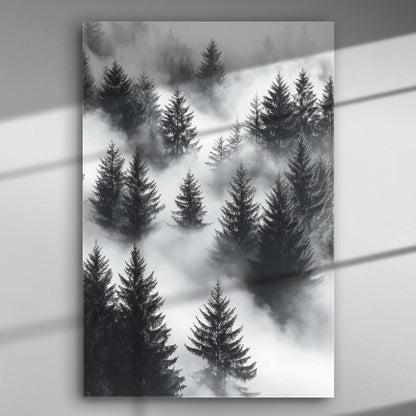 Black and white canvas print of a misty forest with evergreen trees.