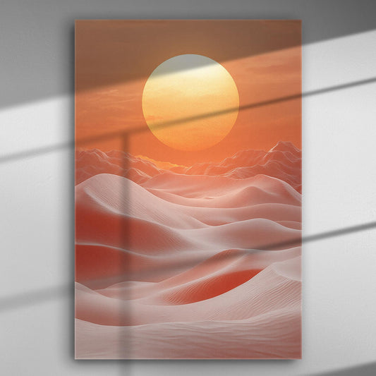 Canvas print of a serene desert landscape during twilight, featuring soft sand dunes and an orange sun setting in the background.