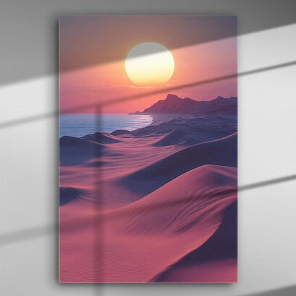Sunset over sandy dunes with mountains in the background and a calm ocean, creating a tranquil desert landscape.