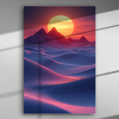 Desert landscape with pink and blue hues at sunset, captured on canvas.