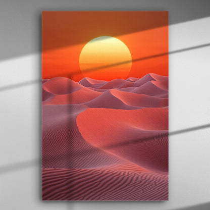 Canvas print of serene desert landscape with dunes and a large sun.