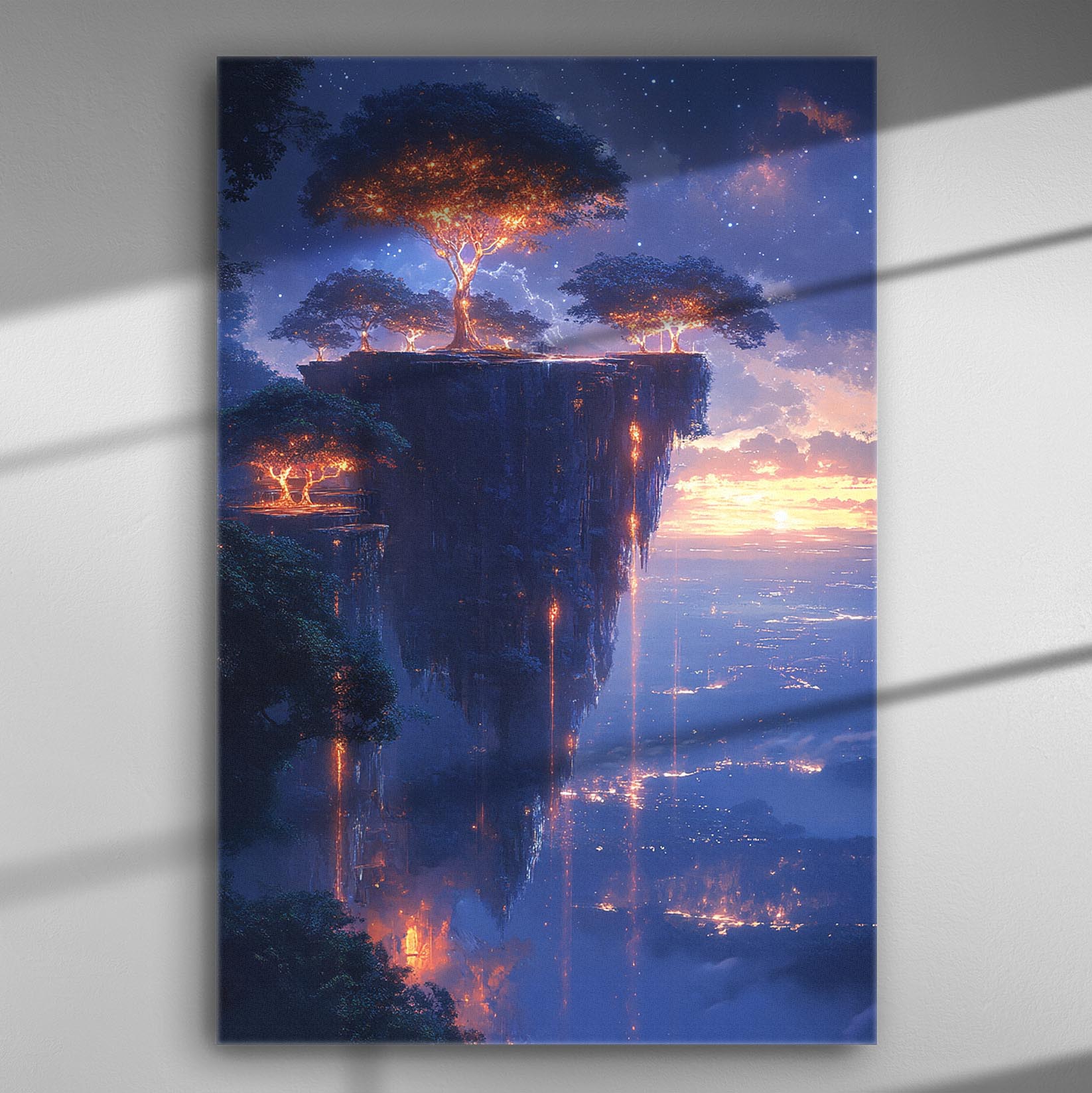 Fantasy landscape with glowing trees on a cliff at night.