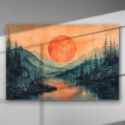 Canvas print of a mystical sunset over a forest with vibrant orange and blue hues.