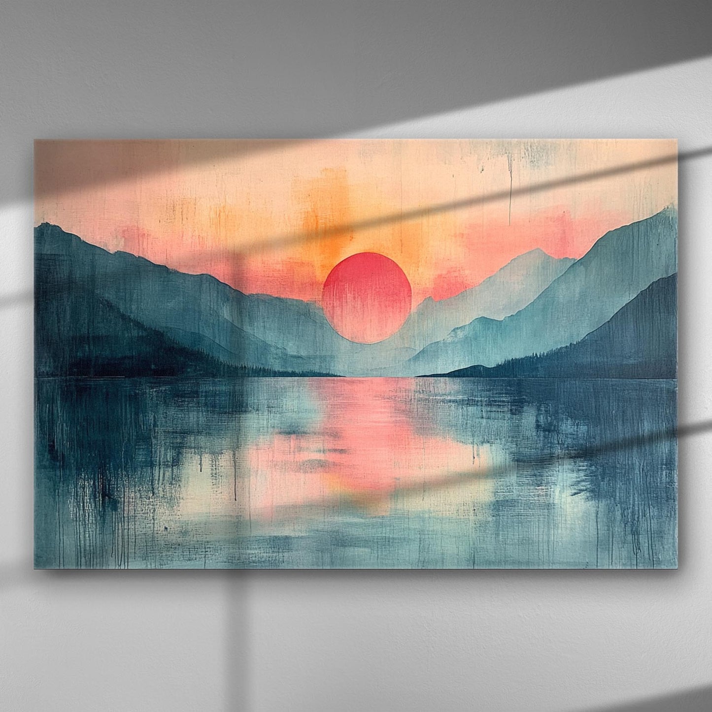 Canvas print of a serene sunset over mountains and a lake, in shades of pink and blue.
