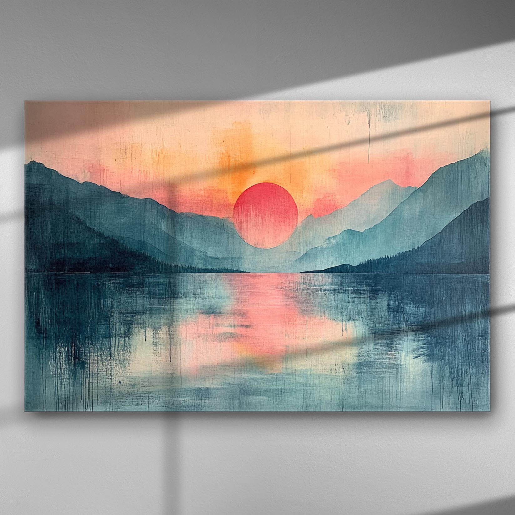 Canvas print of a serene sunset over mountains and a lake, in shades of pink and blue.