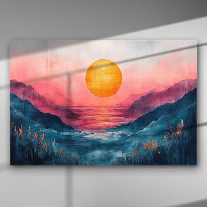 A canvas print of a sunset over the sea with pink and orange hues blending into a serene landscape.