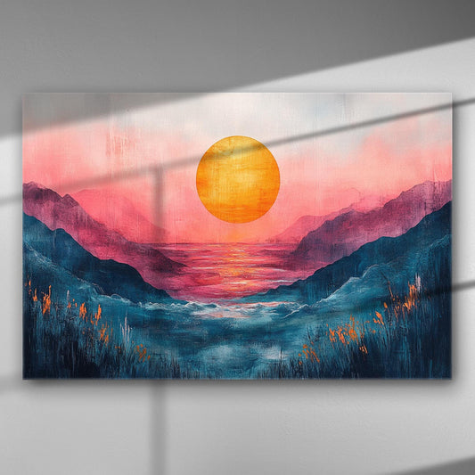 A canvas print of a sunset over the sea with pink and orange hues blending into a serene landscape.