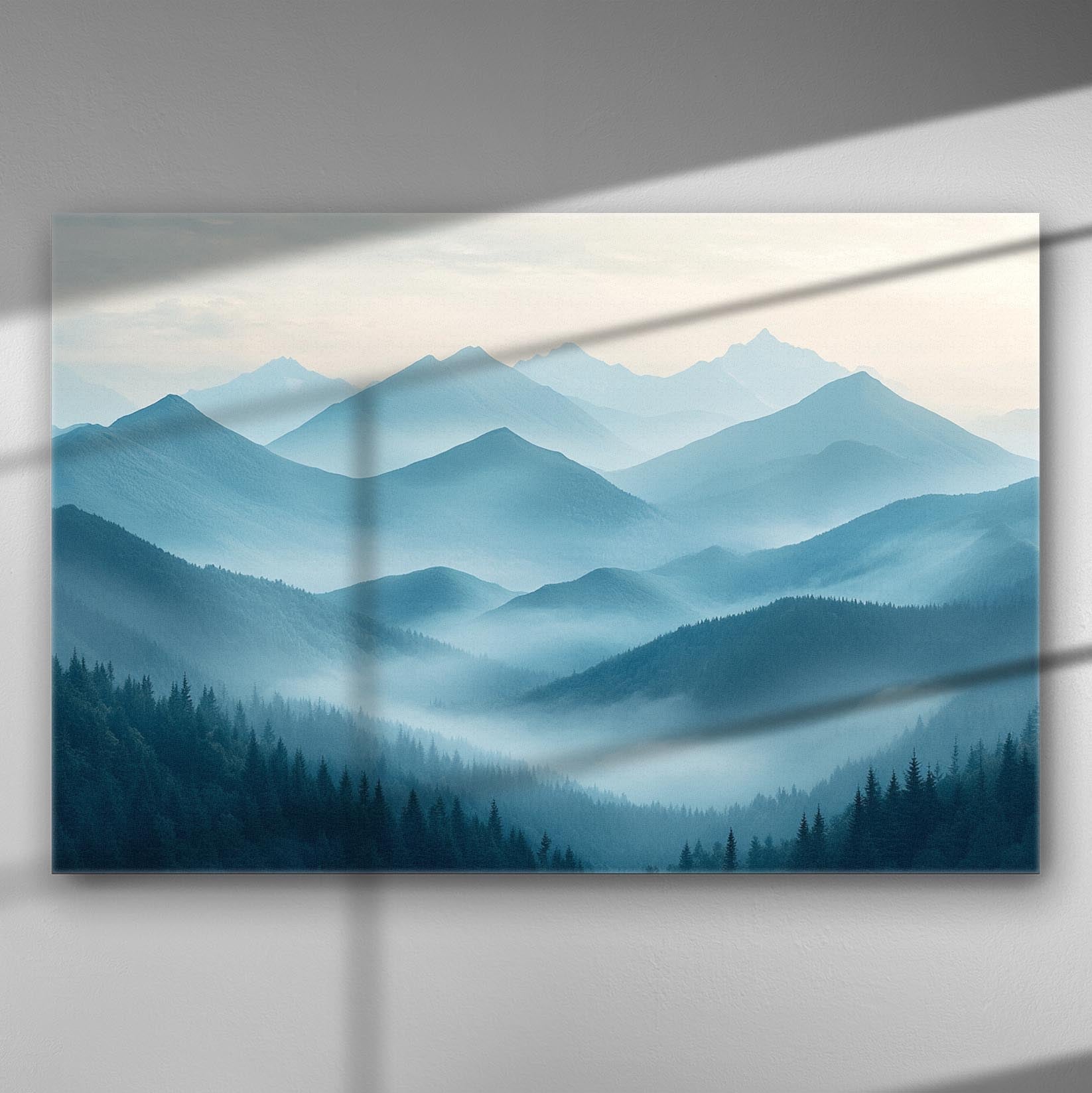 Canvas print featuring a serene mountain landscape with misty blue hues.
