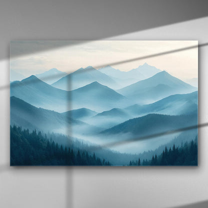 Canvas print featuring a serene mountain landscape with misty blue hues.