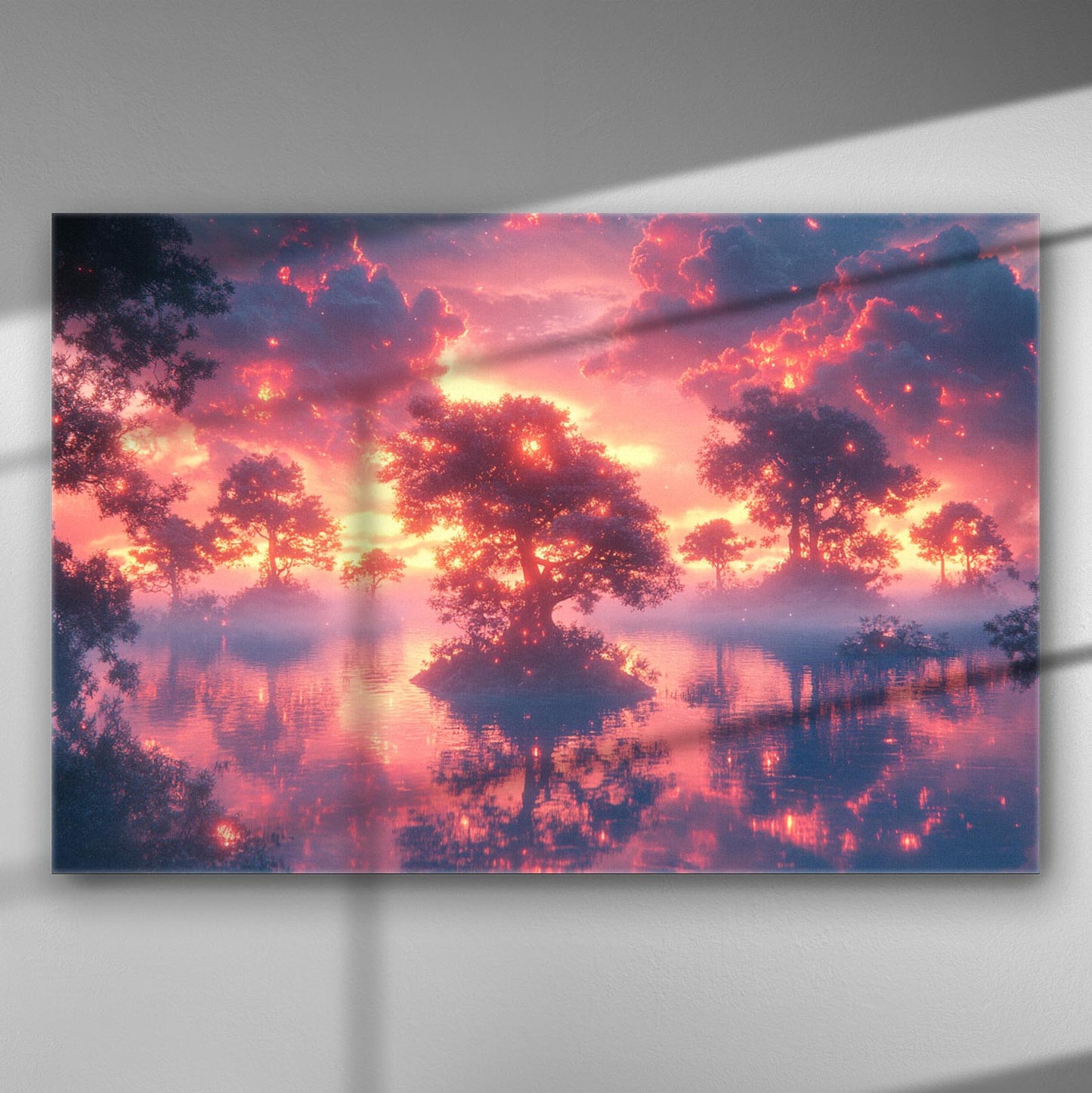 Dreamy sunset with trees reflected in a calm lake, creating a magical atmosphere on canvas.