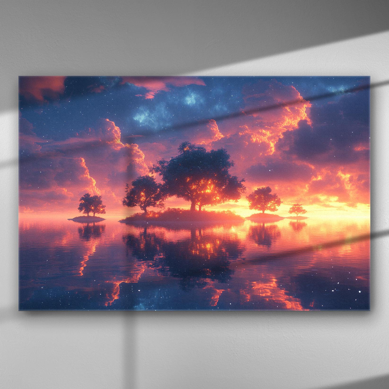 Beautiful sunset over water with silhouettes of trees reflecting in the calm surface, featuring vibrant purple and blue clouds in the sky.