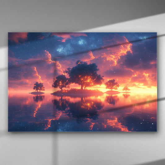 Beautiful sunset over water with silhouettes of trees reflecting in the calm surface, featuring vibrant purple and blue clouds in the sky.