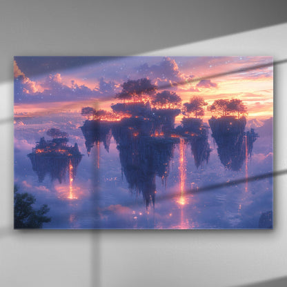 Floating gardens at sunset with vibrant colors and mystical landscape on canvas.