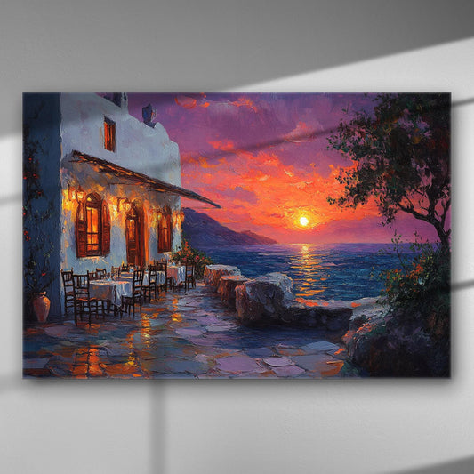Romantic sunset over the sea with a coastal restaurant view on canvas.