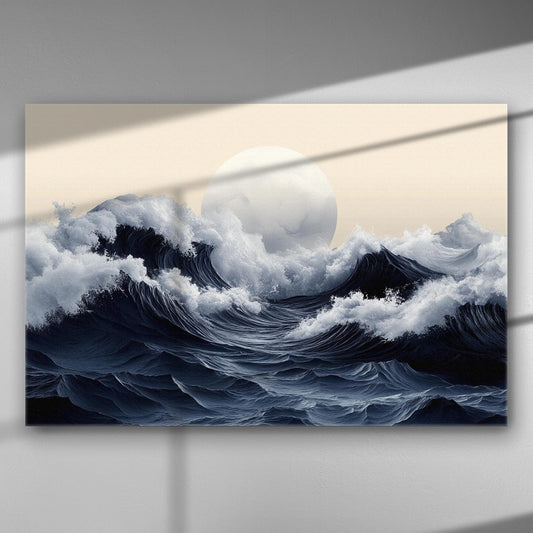 Canvas print of large ocean waves with moonlight reflecting on the water.