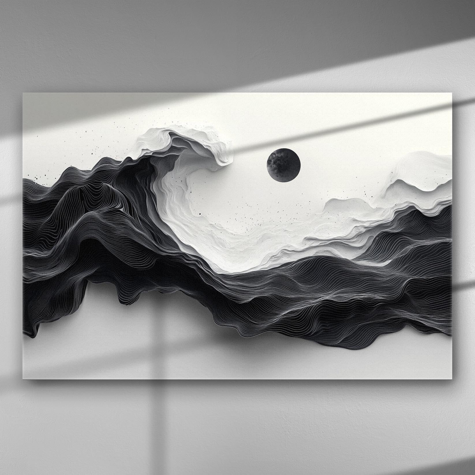 Abstract black and white waves with a black moon in a modern canvas art piece.