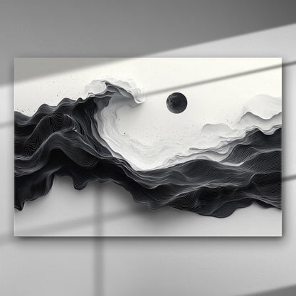 Abstract black and white waves with a black moon in a modern canvas art piece.