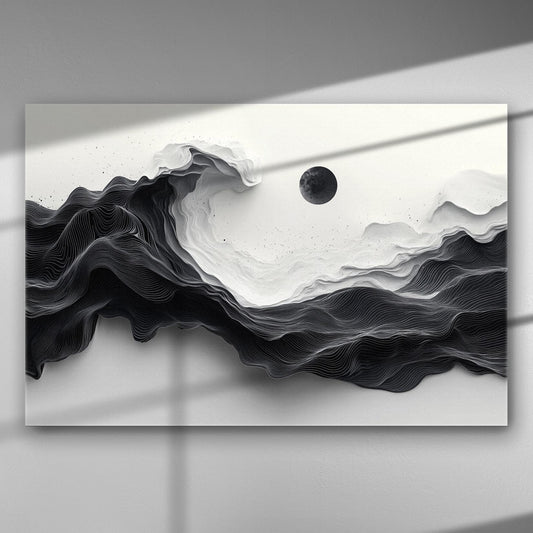 Abstract black and white waves with a black moon in a modern canvas art piece.