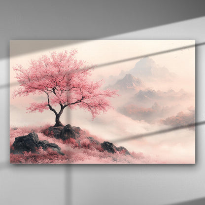 Pink tree on a misty mountain landscape canvas print