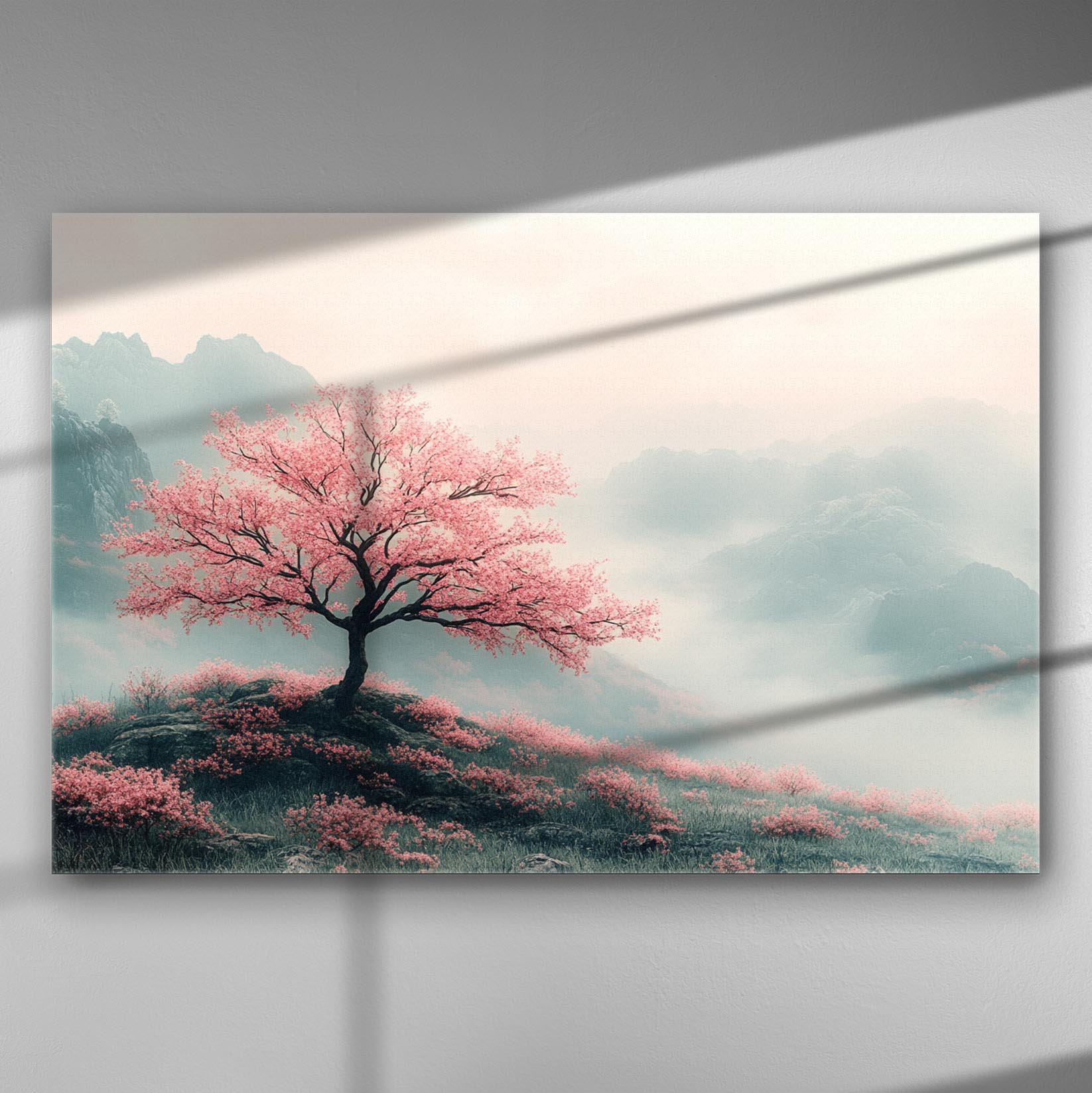 Pink blossom tree on a misty landscape canvas print
