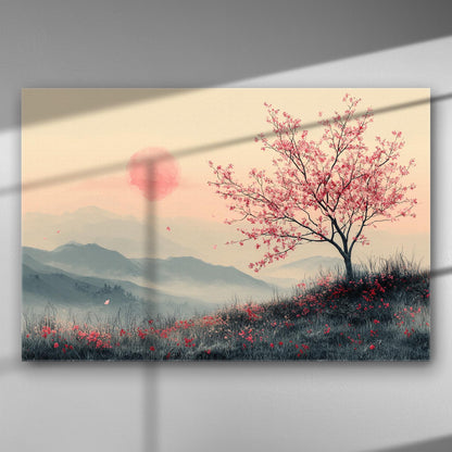 Canvas print featuring a pink blossoming tree on a hill with a serene landscape in the background.