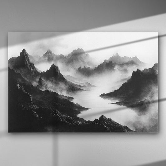 Black and white canvas print of misty mountains for home decor.