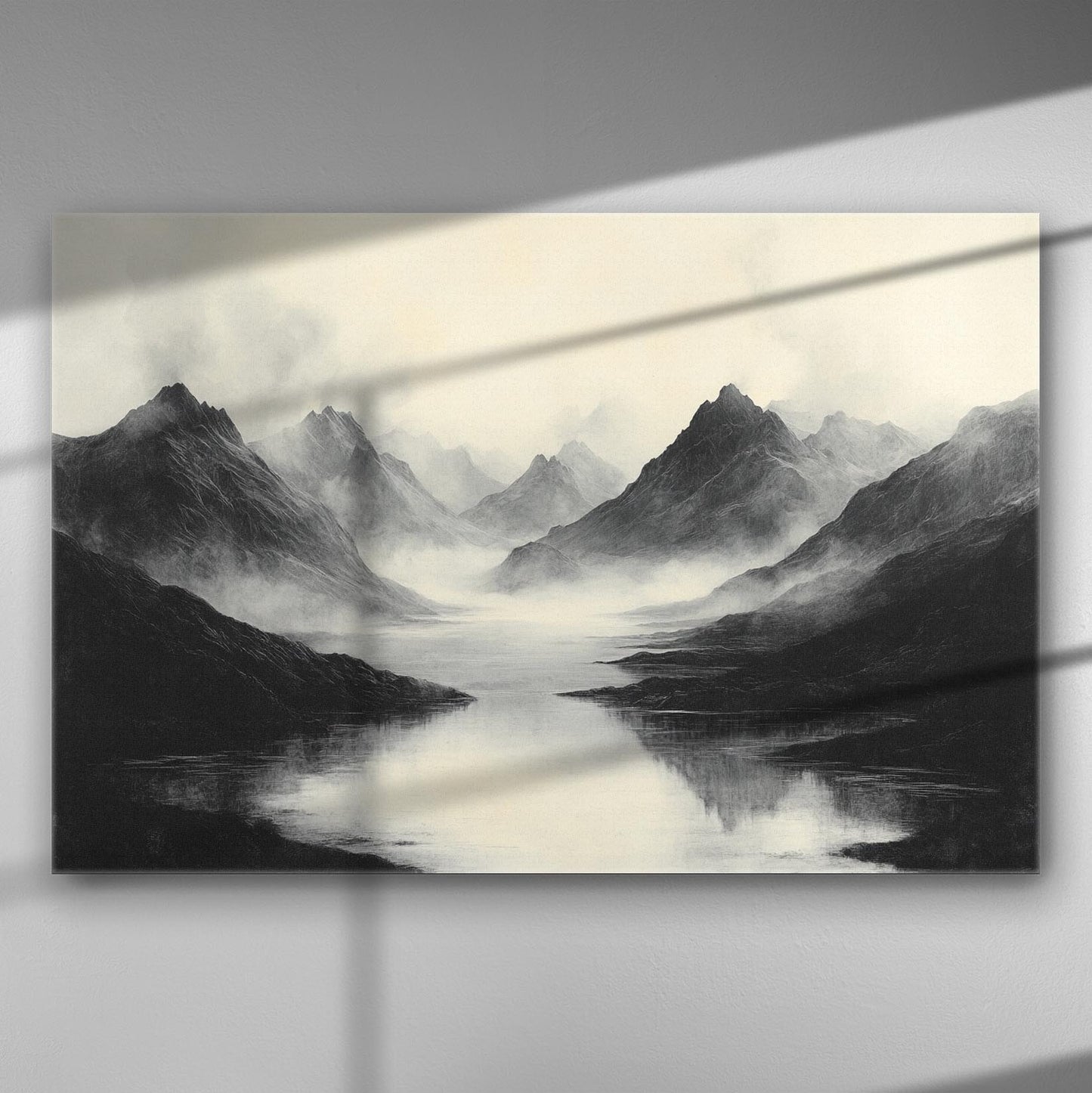 Misty mountain landscape with reflections on the water, presented on a canvas print.
