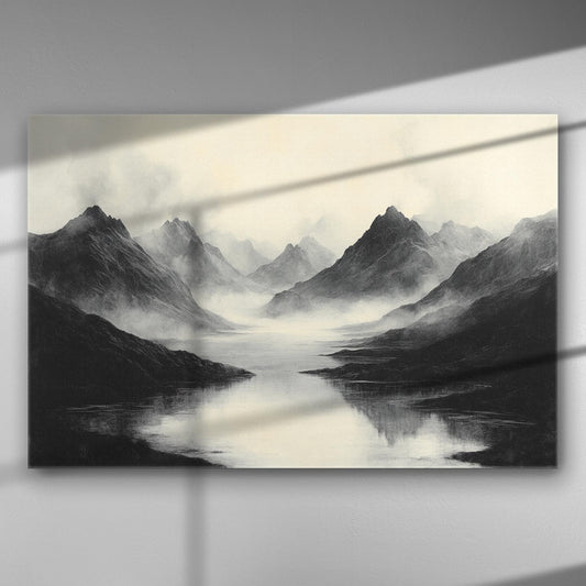 Misty mountain landscape with reflections on the water, presented on a canvas print.